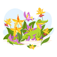 Fototapeta na wymiar Green summer dragon with orchid flower and leaves isolated on white background. The symbol of the year. Summer tropic Vector illustration cartoon character magic creature