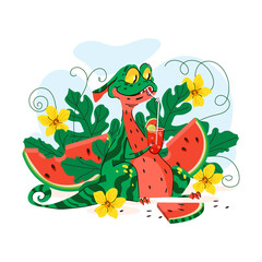 Cute green dragon with watermelon fruit, flower and leaves isolated on white background. Symbol of year. Vector illustration magic reptile creature
