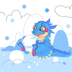 Blue Dragon with snowball isolated on white background. Vector Winter dragon character cartoon illustration. Symbol of the year 2024