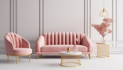 Modern classic style with pink sofa armchair and gold table on white background.3d rendering