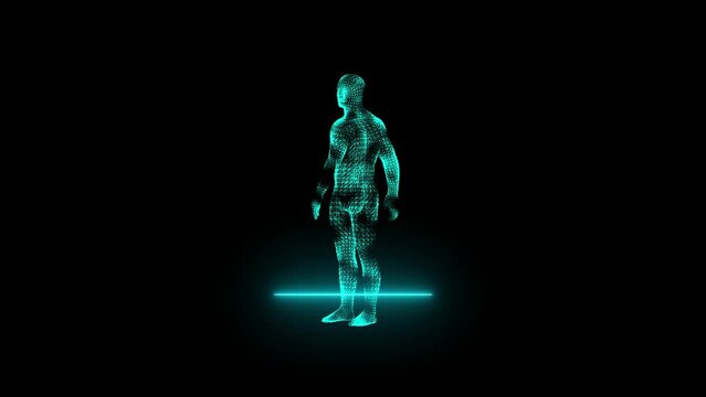 woman, female body scanning concept wireframe. Futuristic scan, hologram, body x-ray, 3d model in HUD style, with scattered particles and light effects on 
