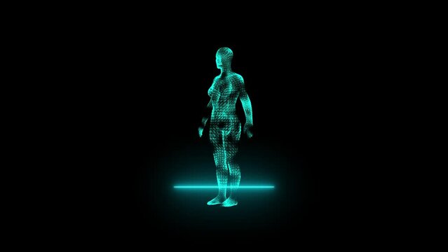man, male body scanning concept wireframe. Futuristic scan, hologram, body x-ray, 3d model in HUD style, with scattered particles and light effects on 