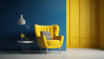 Modern interior room with yellow armchair.Blue and yellow wall background.3d rendering