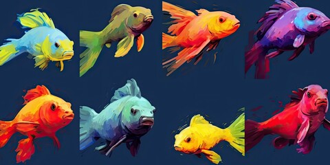 Animal set fish impressionism stye,Generative AI.