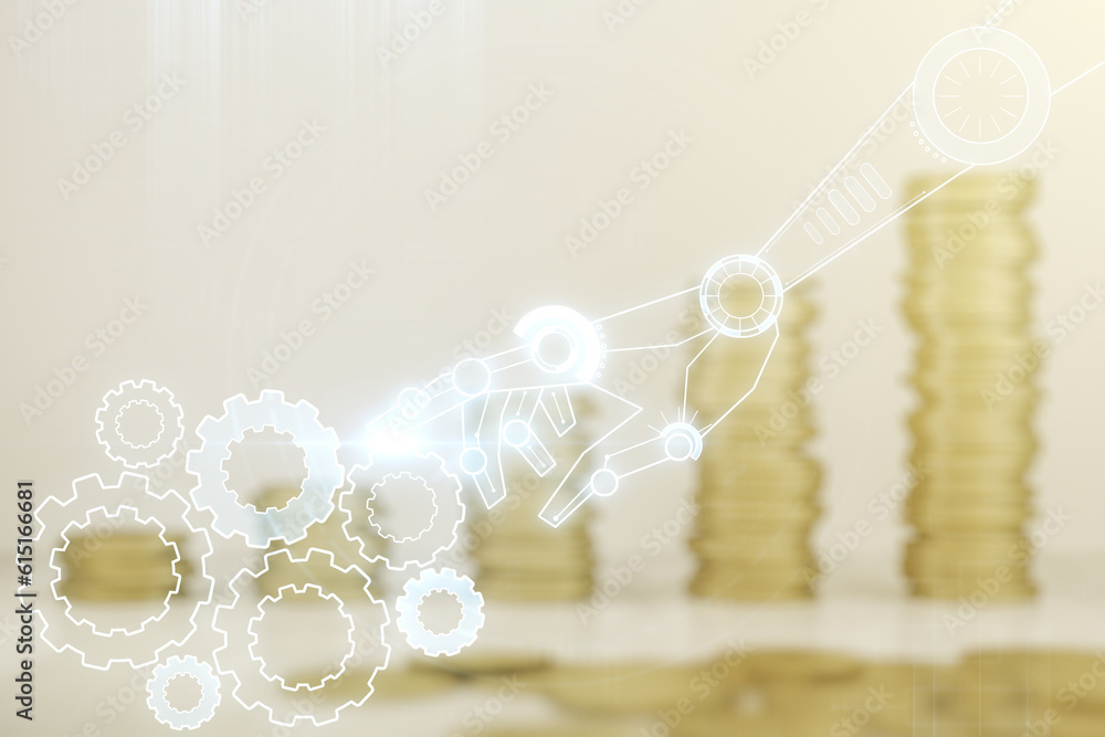 Aufkleber abstract virtual robotics technology sketch on growing coins stacks background, future technology an