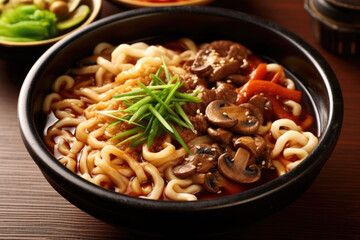 Traditional Japanese udon noodles with mushrooms, close-up. Generated by AI.