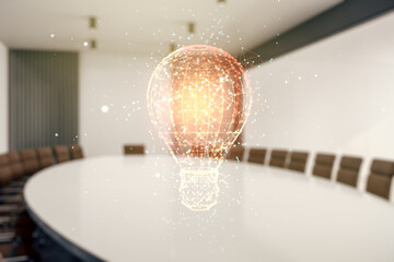 Abstract virtual light bulb illustration on a modern coworking room background, future technology concept. Multiexposure