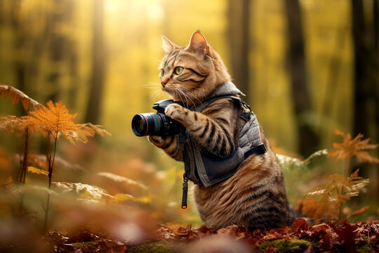 A cute cat photographer stands with a camera and takes pictures in the forest.