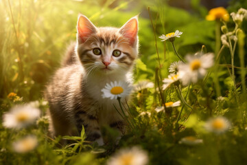 A cute red kitten sits among the green grass in a blooming garden.