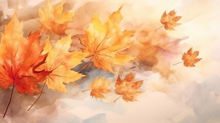 Naklejka na ściany i meble Autumn floral watercolor background in pastel orange colors with illustration of leaves. Generative AI