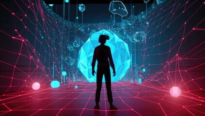 Obraz premium Man in virtual reality world simulator surrounded with network connections
