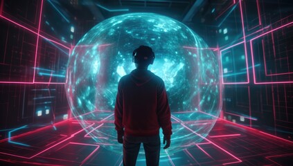 Obraz premium Man in virtual reality world simulator surrounded with network connections