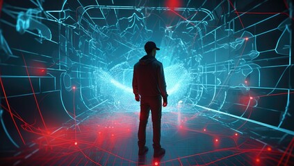 Obraz premium Man in virtual reality world simulator surrounded with network connections