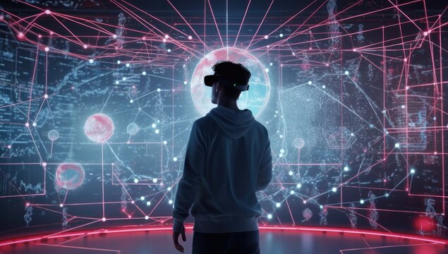 Man in virtual reality world simulator surrounded with network connections