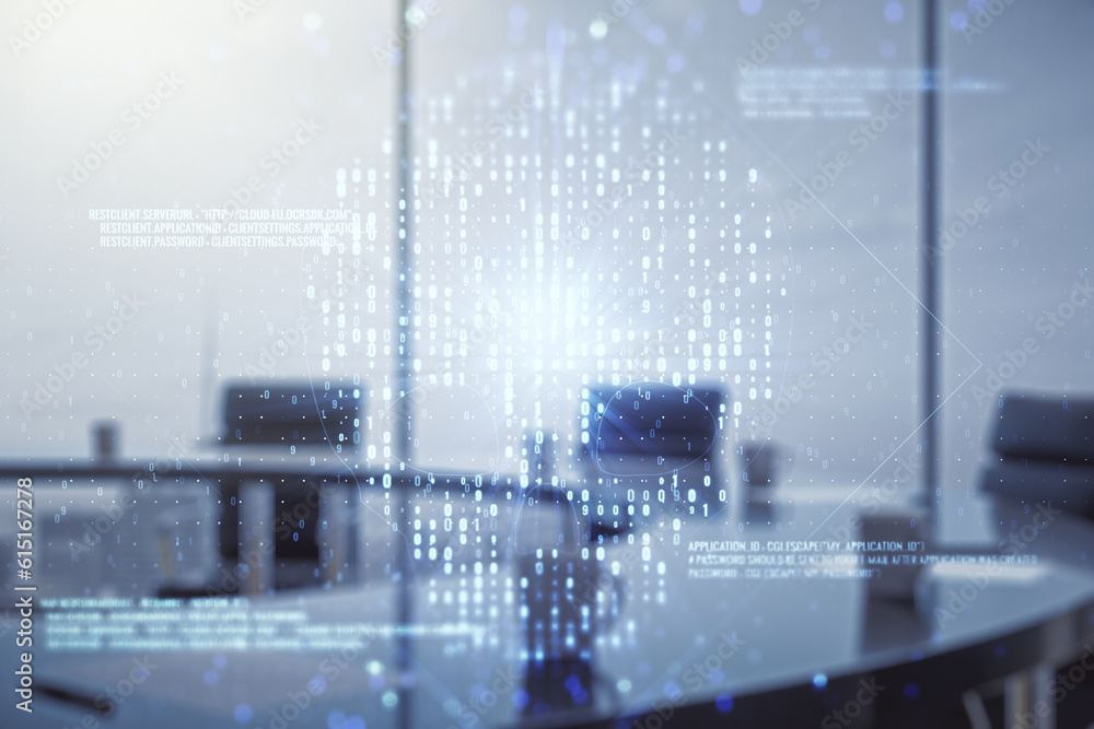 Poster double exposure of abstract virtual creative code skull hologram on a modern meeting room background