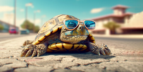 A sea turtle crosses the road on a sunny day.