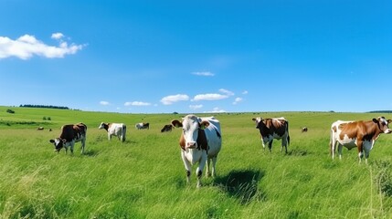 Cow on green field. generative AI - obrazy, fototapety, plakaty