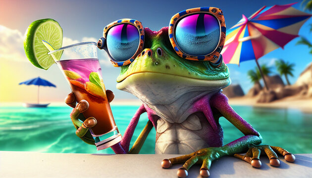 Neon leuchtender farbenfroher Cocktail am Strand und Pool Frosch mit Sonnenbrille skurril lustig und Comic Motiv f&uuml;r Reiseveranstalter, Generative AI 