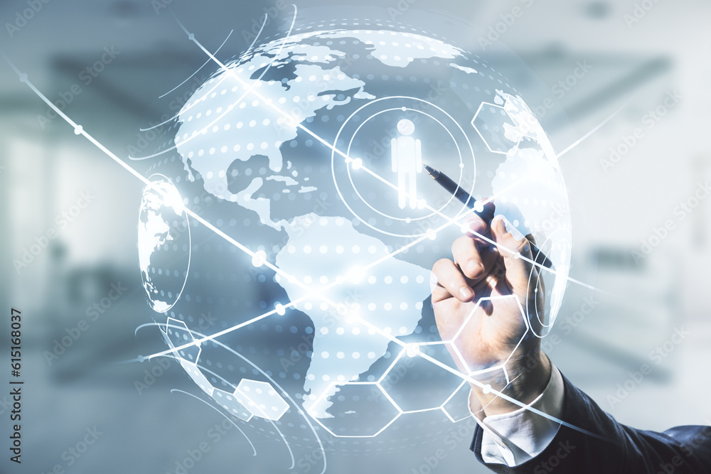 Poster man hand with pen working with virtual social network media hologram and world map on blurred office