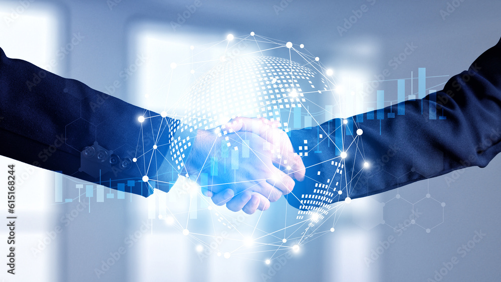 Poster businessmen handshake global stock market graph bar chart globe network connection links diagram bac