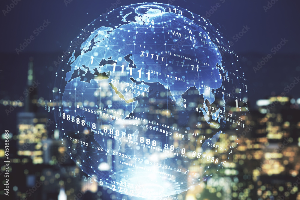 Poster multi exposure of abstract programming language hologram and world map on blurry office buildings ba