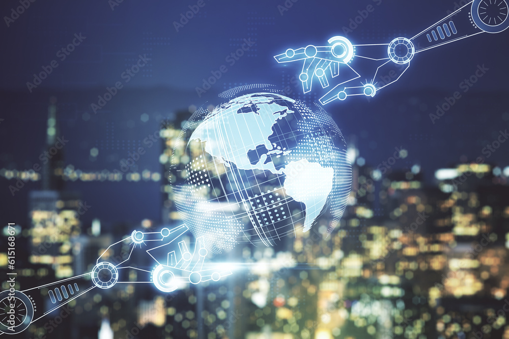 Aufkleber abstract virtual robotics technology hologram with globe sketch on blurry skyline background. robot 