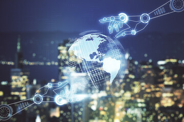 Abstract virtual robotics technology hologram with globe sketch on blurry skyline background. Robot development and automation concept. Multiexposure