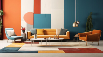 Modern style living room, a colorful apartment with furniture and shelves, in the style of contemporary abstract geometry