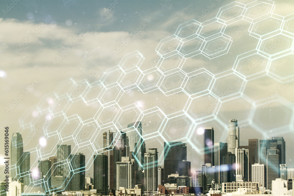 Poster abstract virtual wireless technology hologram with hexagon on los angeles skyline background. big da