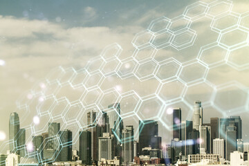 Abstract virtual wireless technology hologram with hexagon on Los Angeles skyline background. Big data and database concept. Multiexposure