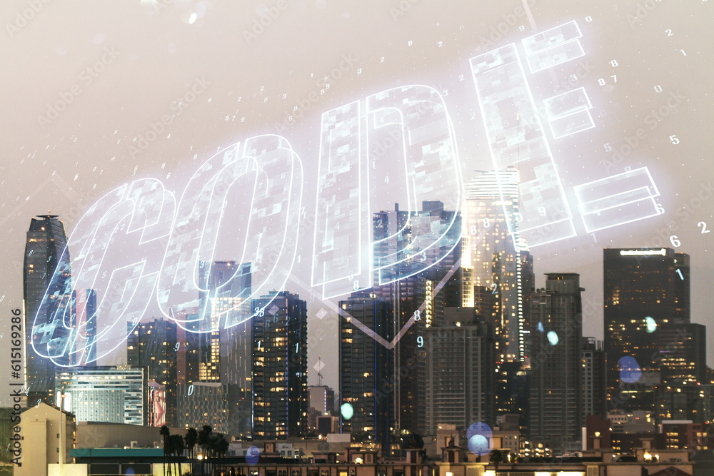 Aufkleber code word hologram on los angeles skyscrapers background, artificial intelligence and neural network