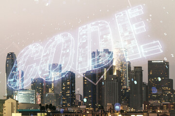 Code word hologram on Los Angeles skyscrapers background, artificial intelligence and neural networks concept. Multiexposure