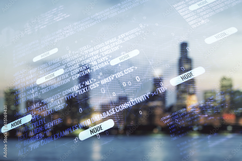 Aufkleber abstract virtual coding concept and world map hologram on blurry skyline background. multiexposure