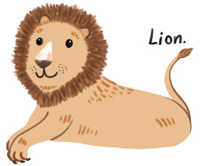 Kind lion. Hand-drawn character animal illustration isolated on white background. Pastel.Oil pastel. watercolor. Crayon and Chalk.