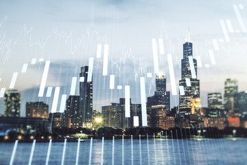 Multi exposure of abstract virtual financial graph hologram on Chicago skyline background, forex...