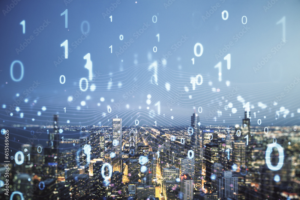 Aufkleber Abstract virtual binary code illustration on Chicago skyline background. Big data and coding concept. Multiexposure