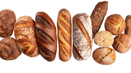 Homemade assorted of pastry,french baguette,sourdough and bread whole grains on transparent background. Generative Ai