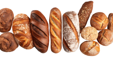 Homemade assorted of pastry,french baguette,sourdough and bread whole grains on transparent background. Generative Ai