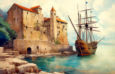 Ship, boat  in medieval  bay.  Post processed AI generated image.