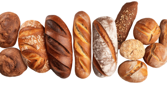 Homemade assorted of pastry,french baguette,sourdough and bread whole grains on transparent background. Generative Ai