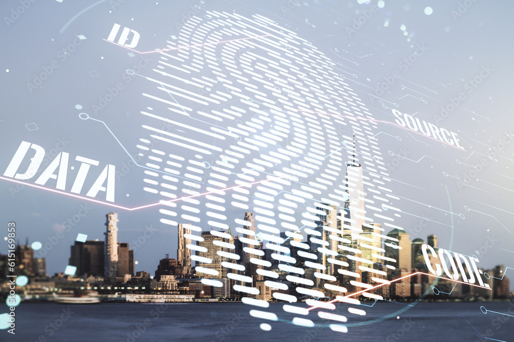 Poster Multi exposure of virtual fingerprint scan interface on Manhattan office buildings background, digital access concept
