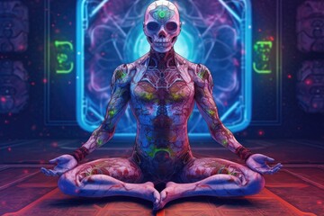 Cyborg doing yoga at home