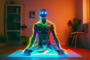 Cyborg doing yoga at home