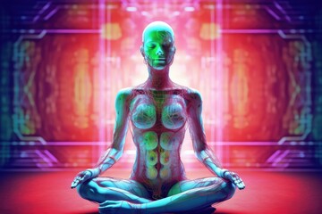 Cyborg doing yoga at home