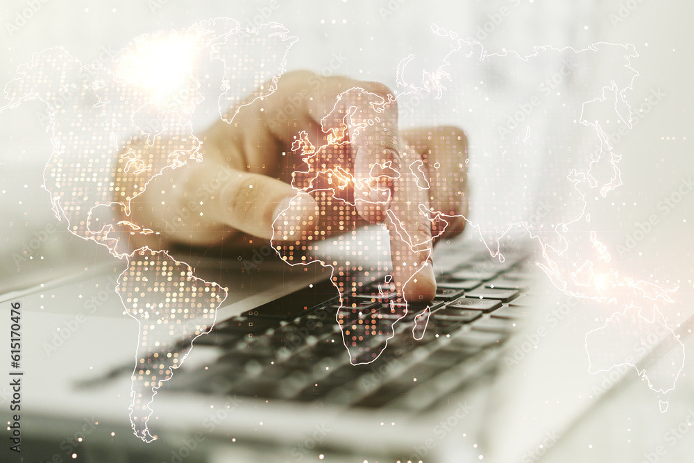 Aufkleber multi exposure of abstract graphic world map and hands typing on computer keyboard on background, bi