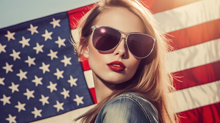 American woman with sunglasses posing in front of the American flag. ia generate