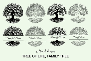 Tree of Life Vector Set, Hand-drawn Ancient Tree Clipart, Family Name Split Tree Monogram, Monochrome Tree Silhouette, Family Name Frame, Tree Frame