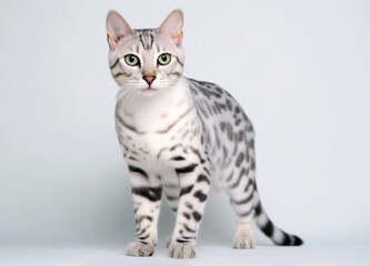 Silver bengal cat isolated on white background.