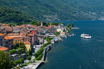 The lake promenade and and the Santuario della Santissima Pietà in Cannobio - Lago Maggiore,...