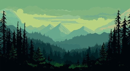 forest with mountains and trees, landscape vector illustration